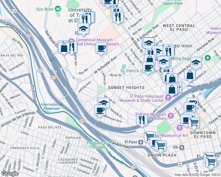 map of restaurants, bars, coffee shops, grocery stores, and more near 1009 Prospect Street in El Paso
