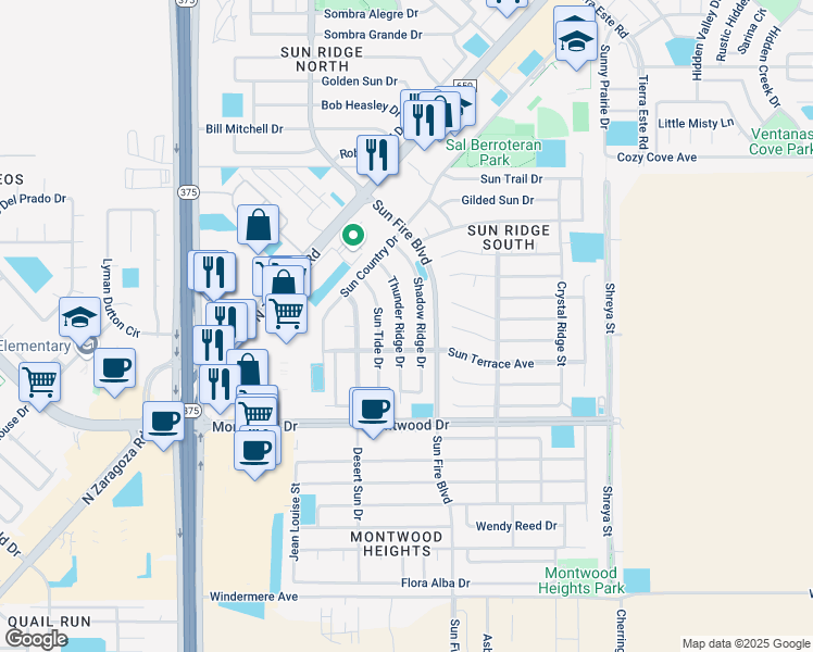 map of restaurants, bars, coffee shops, grocery stores, and more near 2016 Shadow Ridge Drive in El Paso