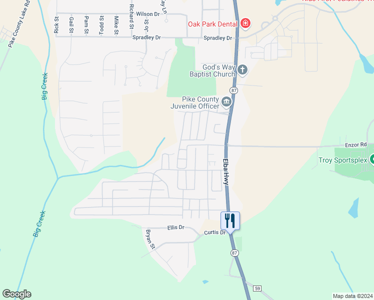 map of restaurants, bars, coffee shops, grocery stores, and more near 399 Enzor Drive in Troy