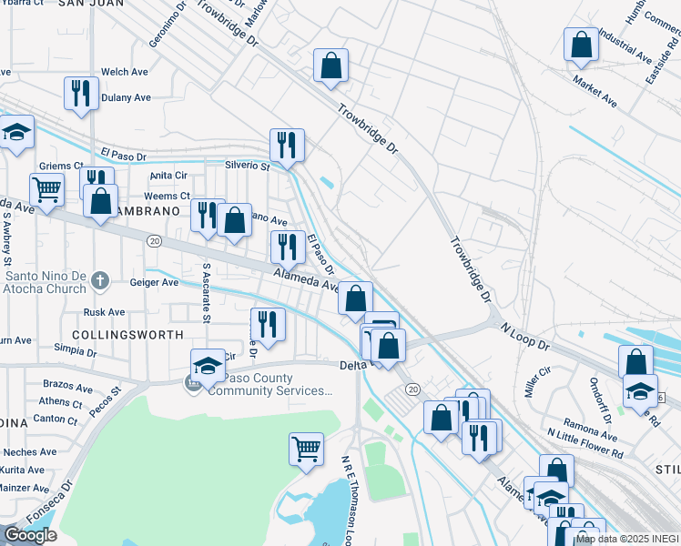 map of restaurants, bars, coffee shops, grocery stores, and more near 6859 El Paso Drive in El Paso