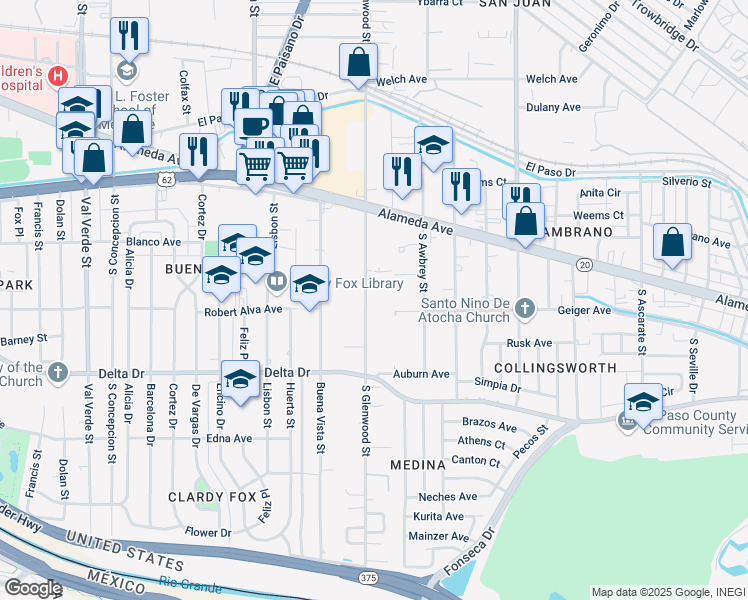 map of restaurants, bars, coffee shops, grocery stores, and more near 180 South Glenwood Street in El Paso