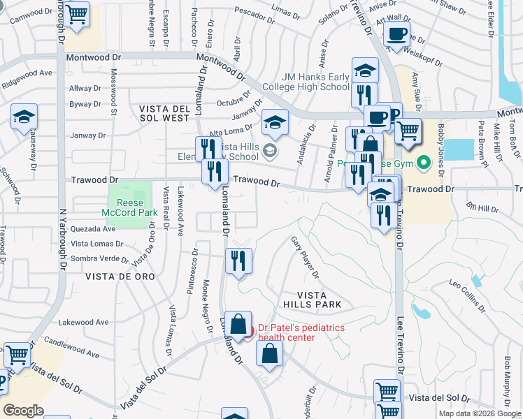 map of restaurants, bars, coffee shops, grocery stores, and more near 1758 Pico Alto Drive in El Paso