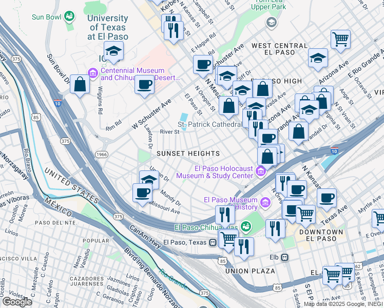 map of restaurants, bars, coffee shops, grocery stores, and more near 1121 Los Angeles Drive in El Paso