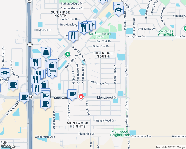 map of restaurants, bars, coffee shops, grocery stores, and more near 12517 Sun Spirit Drive in El Paso