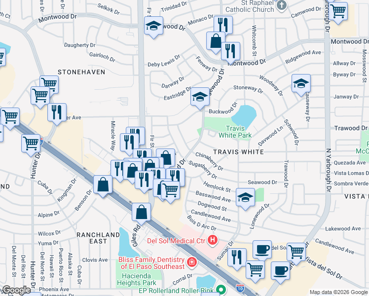 map of restaurants, bars, coffee shops, grocery stores, and more near 10016 Chinaberry Drive in El Paso