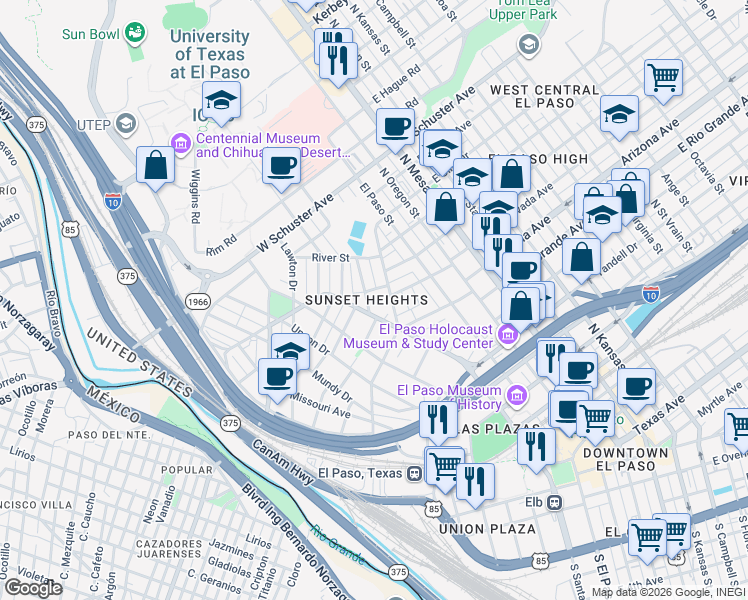map of restaurants, bars, coffee shops, grocery stores, and more near 1121 Los Angeles Drive in El Paso