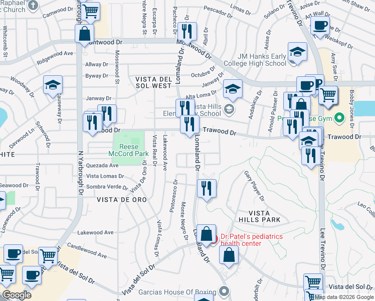 map of restaurants, bars, coffee shops, grocery stores, and more near 1799 Villa Santos Circle in El Paso