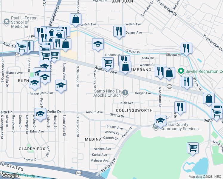 map of restaurants, bars, coffee shops, grocery stores, and more near 175 South Maryland Street in El Paso