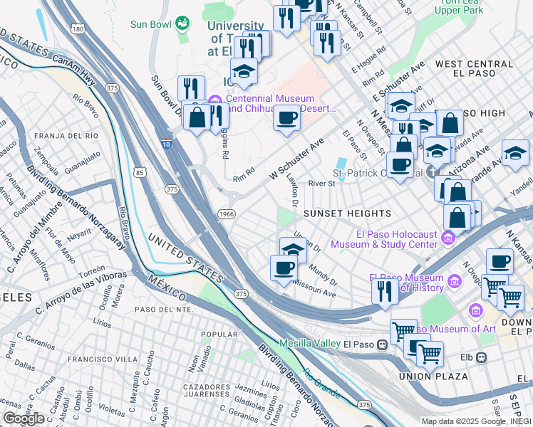 map of restaurants, bars, coffee shops, grocery stores, and more near 1517 Upson Drive in El Paso