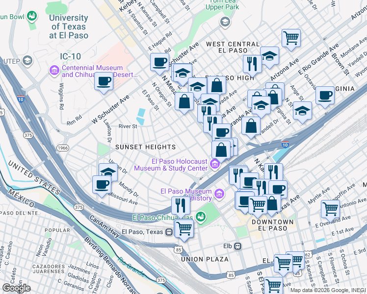map of restaurants, bars, coffee shops, grocery stores, and more near 100 West Rio Grande Avenue in El Paso