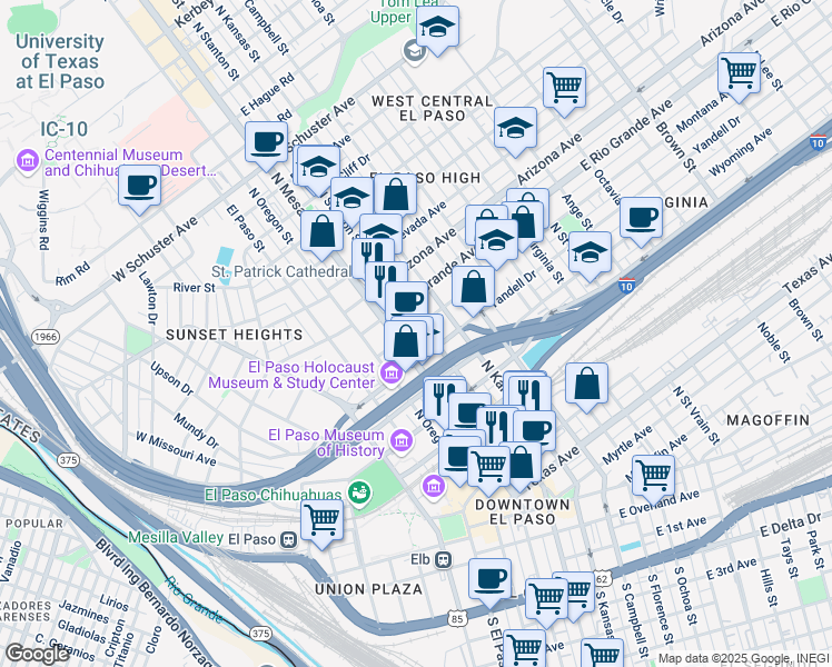 map of restaurants, bars, coffee shops, grocery stores, and more near 212 Montana Avenue in El Paso
