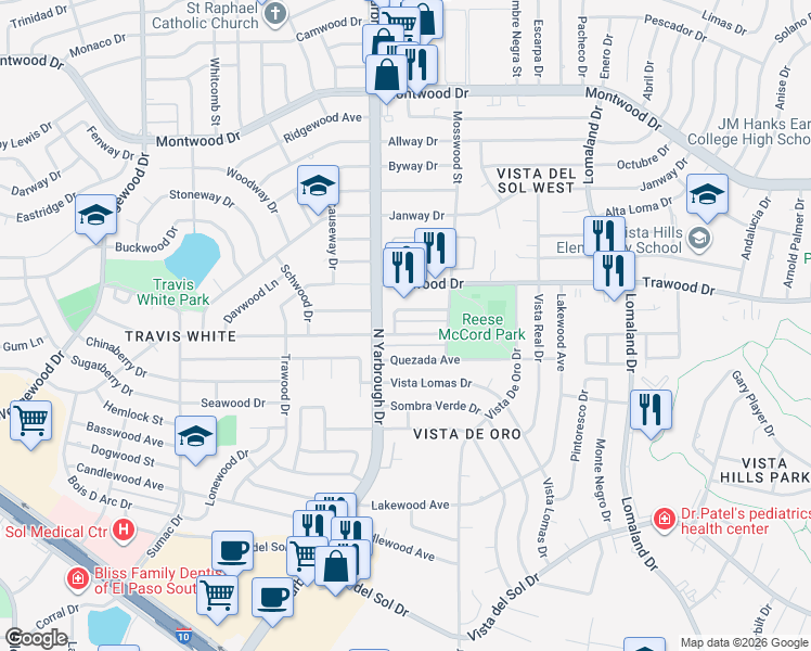 map of restaurants, bars, coffee shops, grocery stores, and more near 10621 Springwood Drive in El Paso