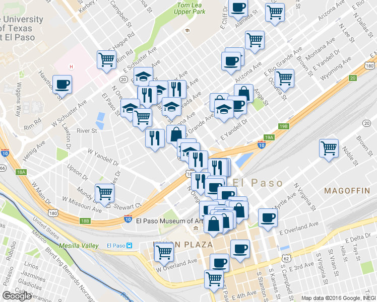 map of restaurants, bars, coffee shops, grocery stores, and more near 212 Montana Avenue in El Paso