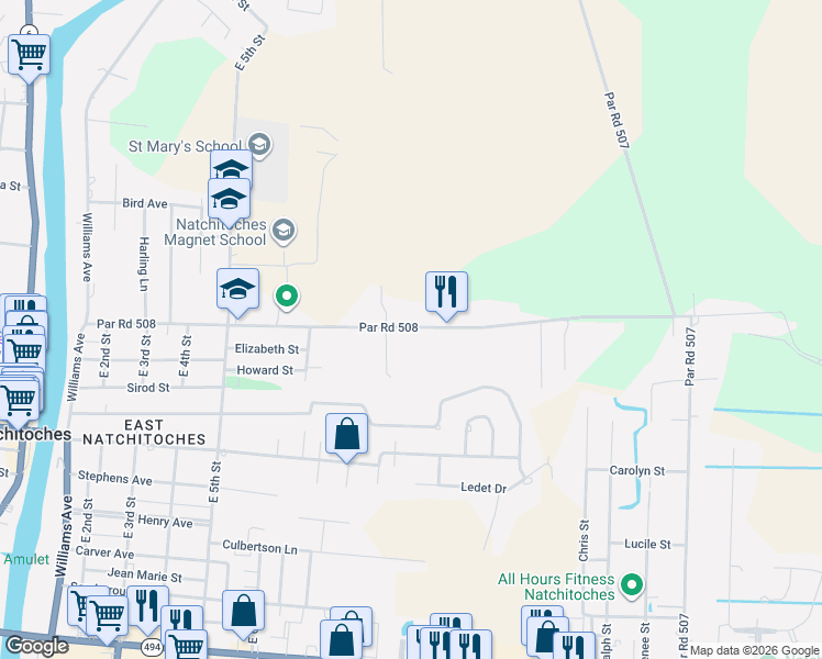 map of restaurants, bars, coffee shops, grocery stores, and more near 799 Par Road 508 in Natchitoches