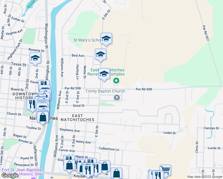 map of restaurants, bars, coffee shops, grocery stores, and more near 520 Par Road 508 in Natchitoches