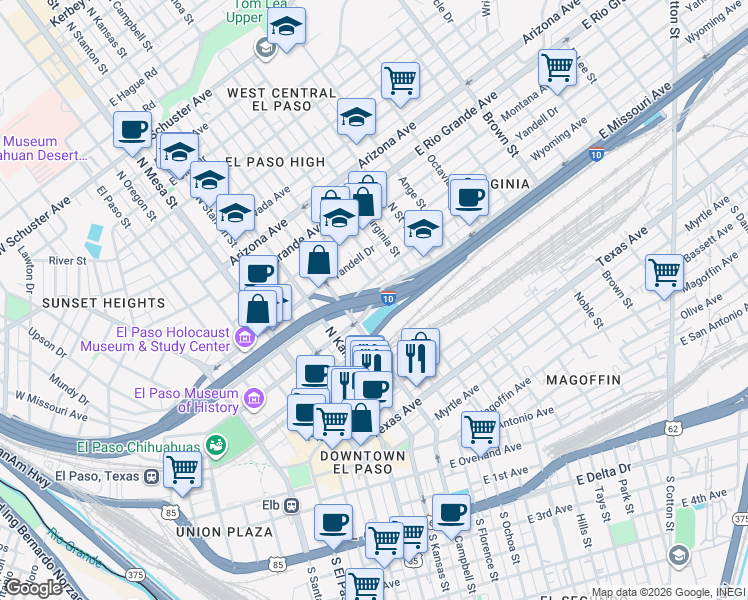 map of restaurants, bars, coffee shops, grocery stores, and more near 610 Wyoming Avenue in El Paso