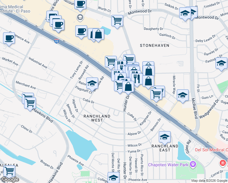 map of restaurants, bars, coffee shops, grocery stores, and more near 7428 Gateway Blvd E in El Paso