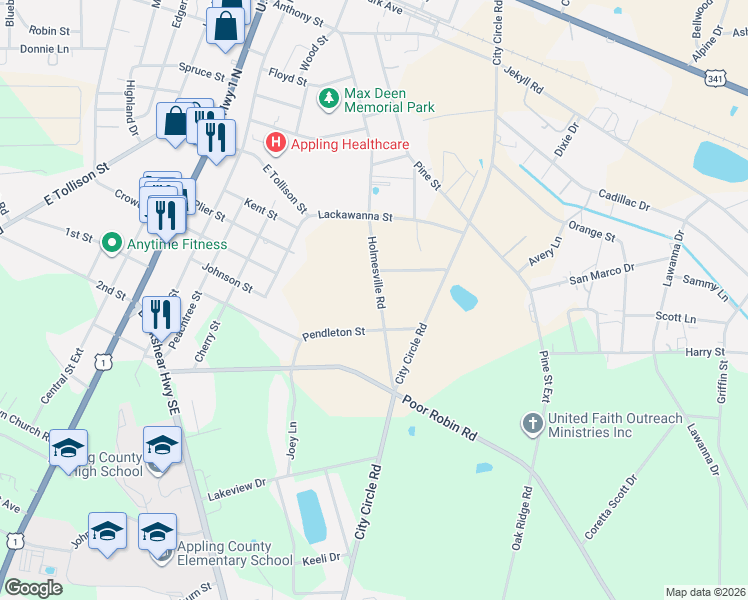 map of restaurants, bars, coffee shops, grocery stores, and more near 435 Pendleton Street in Baxley