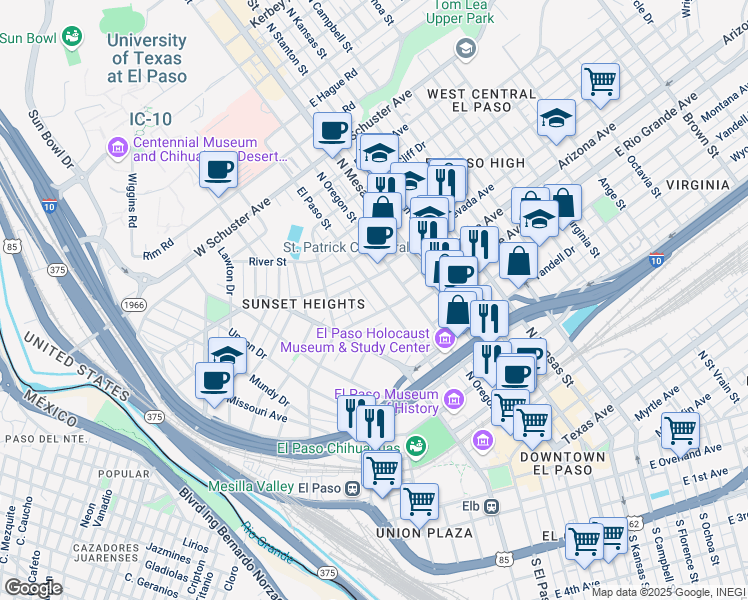 map of restaurants, bars, coffee shops, grocery stores, and more near 1108 Terrace Court in El Paso