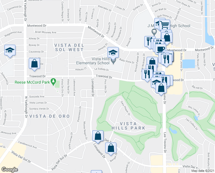 map of restaurants, bars, coffee shops, grocery stores, and more near 1758 Pico Alto Drive in El Paso