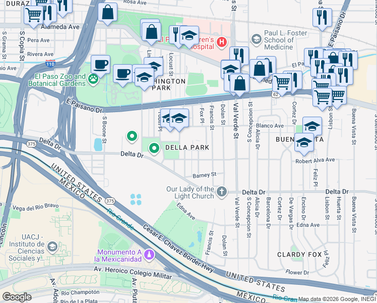 map of restaurants, bars, coffee shops, grocery stores, and more near 348 French Place in El Paso