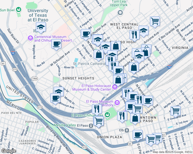 map of restaurants, bars, coffee shops, grocery stores, and more near 1108 Terrace Court in El Paso