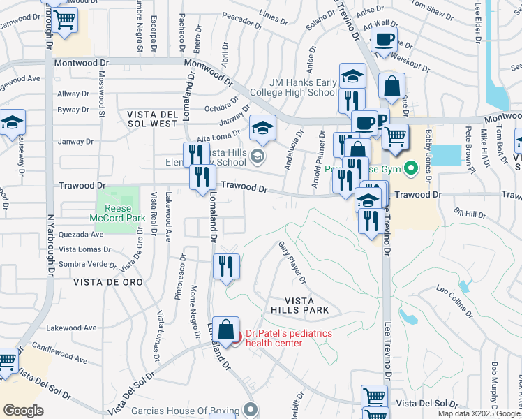 map of restaurants, bars, coffee shops, grocery stores, and more near 2170 Trawood Drive in El Paso