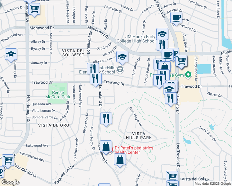 map of restaurants, bars, coffee shops, grocery stores, and more near 1764 Pico Alto Drive in El Paso