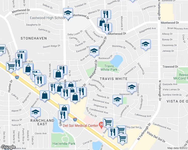 map of restaurants, bars, coffee shops, grocery stores, and more near 10100 Garwood Court in El Paso