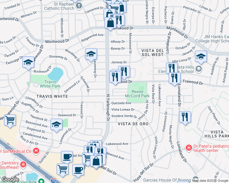 map of restaurants, bars, coffee shops, grocery stores, and more near 10620 Cuatro Vistas Drive in El Paso