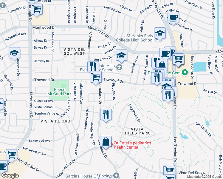 map of restaurants, bars, coffee shops, grocery stores, and more near 1758 Pico Alto Drive in El Paso