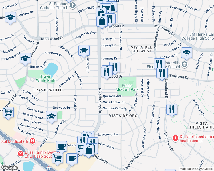 map of restaurants, bars, coffee shops, grocery stores, and more near 10621 Springwood Drive in El Paso