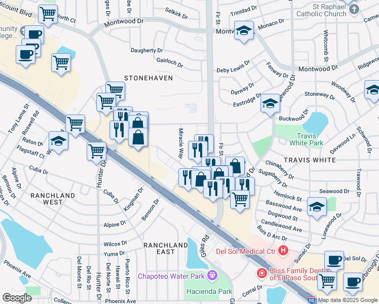 map of restaurants, bars, coffee shops, grocery stores, and more near 9615 Sims Drive in El Paso