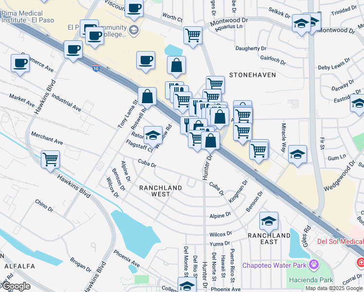 map of restaurants, bars, coffee shops, grocery stores, and more near 1800 Winslow Road in El Paso
