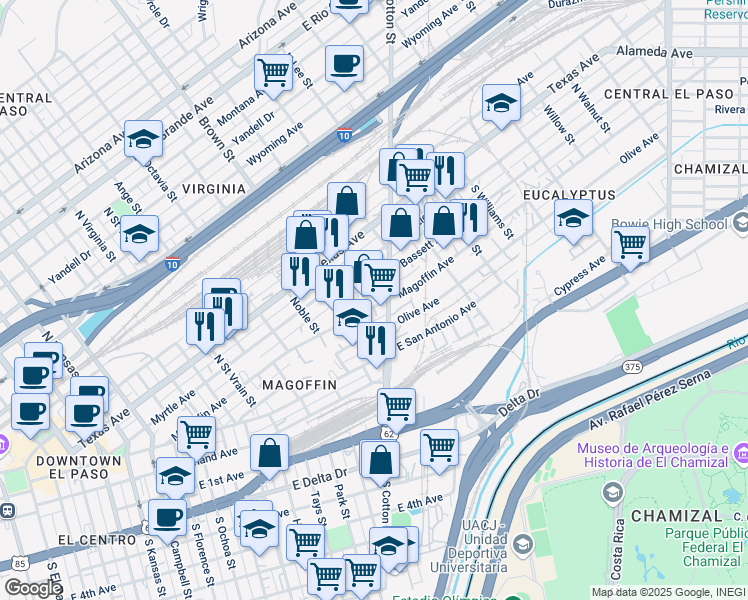 map of restaurants, bars, coffee shops, grocery stores, and more near 1314 Magoffin Avenue in El Paso