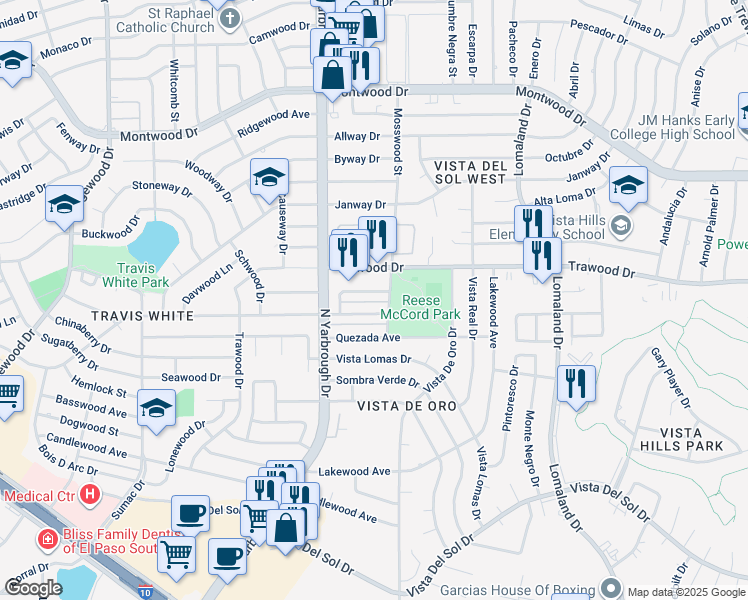 map of restaurants, bars, coffee shops, grocery stores, and more near 10640 Cuatro Vistas Drive in El Paso