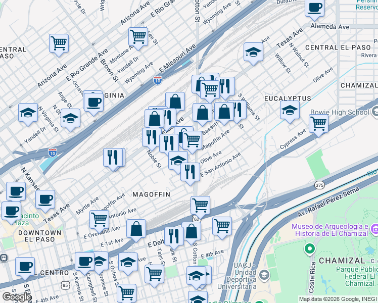 map of restaurants, bars, coffee shops, grocery stores, and more near 1314 Magoffin Avenue in El Paso