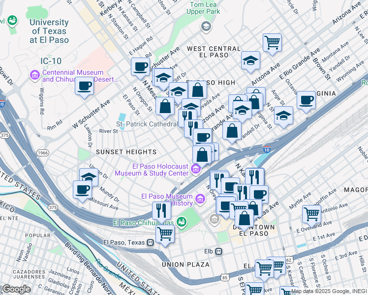 map of restaurants, bars, coffee shops, grocery stores, and more near 908 North Oregon Street in El Paso