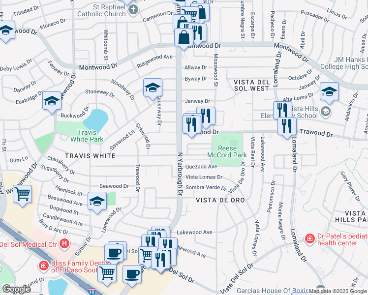 map of restaurants, bars, coffee shops, grocery stores, and more near 10609 Cuatro Vistas Drive in El Paso