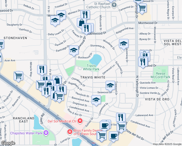map of restaurants, bars, coffee shops, grocery stores, and more near 1607 Sumac Drive in El Paso