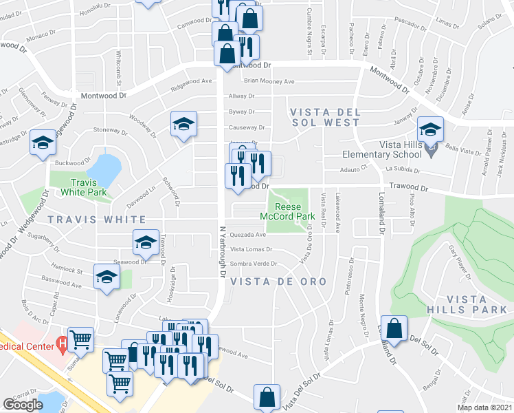map of restaurants, bars, coffee shops, grocery stores, and more near 10621 Springwood Drive in El Paso