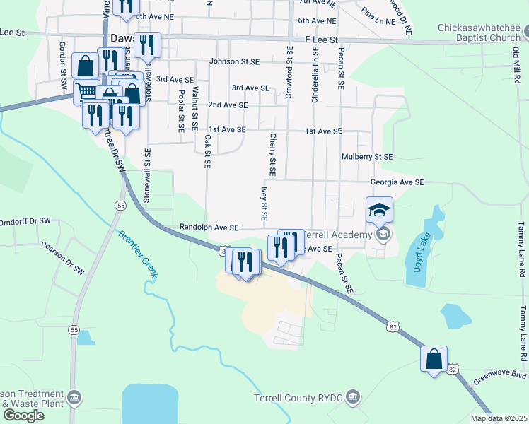 map of restaurants, bars, coffee shops, grocery stores, and more near 535 Ivey Street Southeast in Dawson
