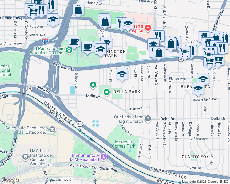 map of restaurants, bars, coffee shops, grocery stores, and more near 4500 Comanche Avenue in El Paso