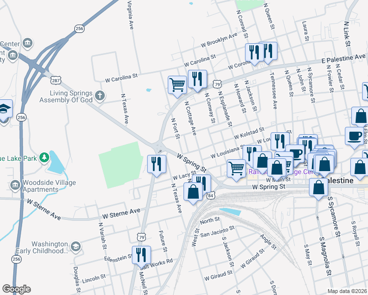 map of restaurants, bars, coffee shops, grocery stores, and more near West Spring Street in Palestine
