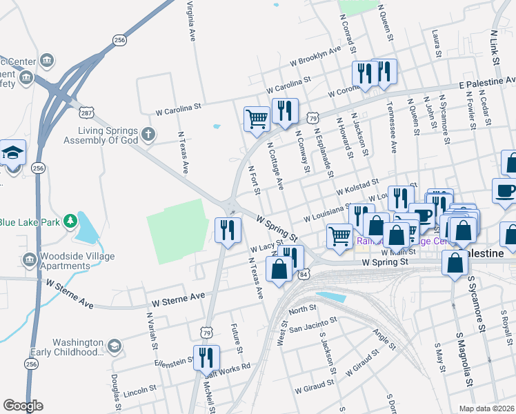 map of restaurants, bars, coffee shops, grocery stores, and more near West Spring Street in Palestine