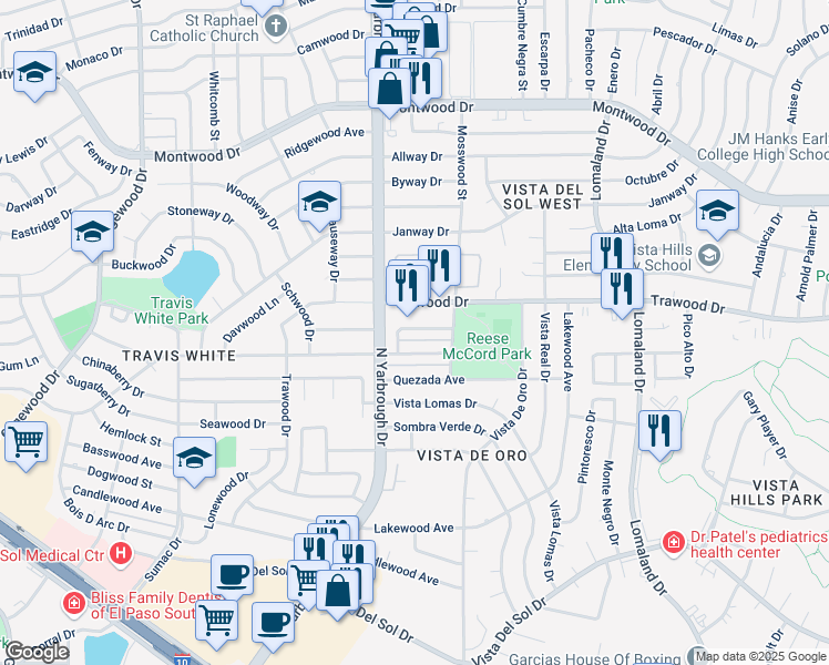 map of restaurants, bars, coffee shops, grocery stores, and more near 10621 Springwood Drive in El Paso
