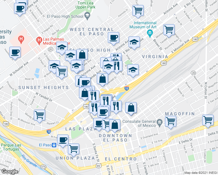 map of restaurants, bars, coffee shops, grocery stores, and more near 415 Yandell Drive in El Paso