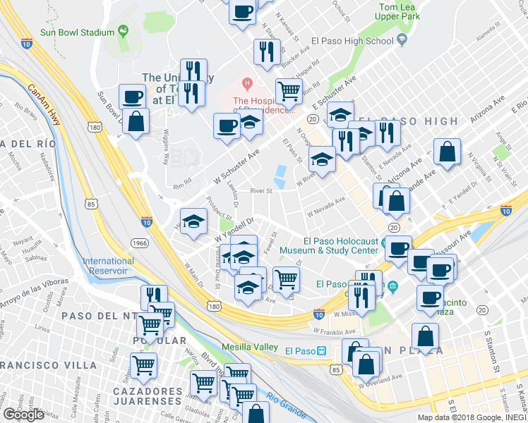 map of restaurants, bars, coffee shops, grocery stores, and more near 1009 Prospect Street in El Paso