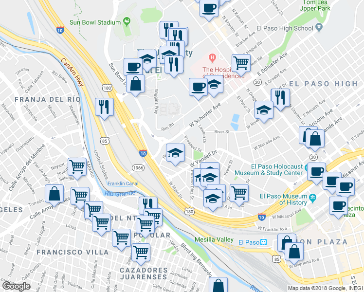 map of restaurants, bars, coffee shops, grocery stores, and more near 1517 Upson Drive in El Paso