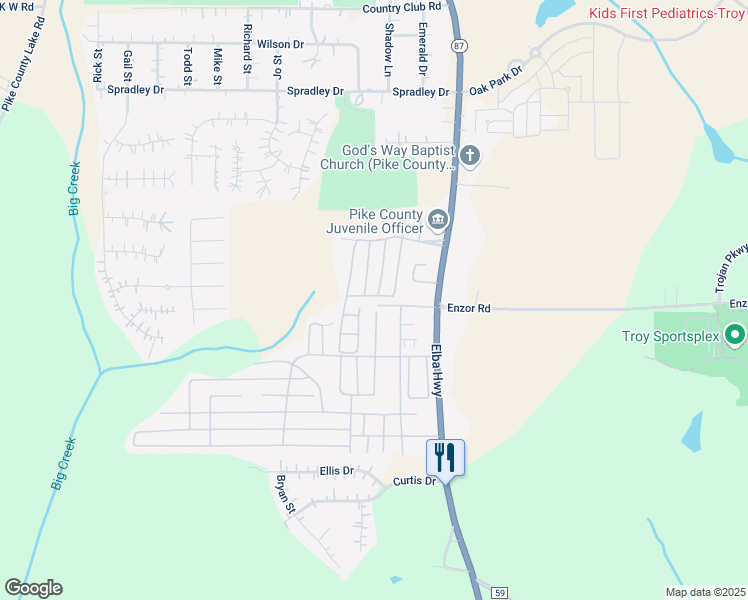 map of restaurants, bars, coffee shops, grocery stores, and more near 399 Enzor Drive in Troy